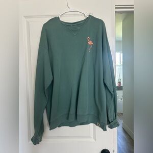 Green Get Your Pink Back Crewneck Sweater with Flamingo Embroidery